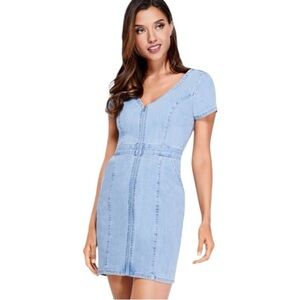 GUESS Galilea Short-Sleeve medium wash stretch Denim Zip-Up Body-con fun Dress